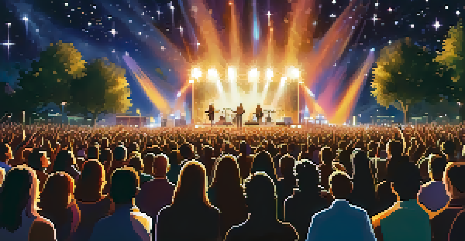 An evening music festival scene with performers on stage under a starry sky and an excited audience.