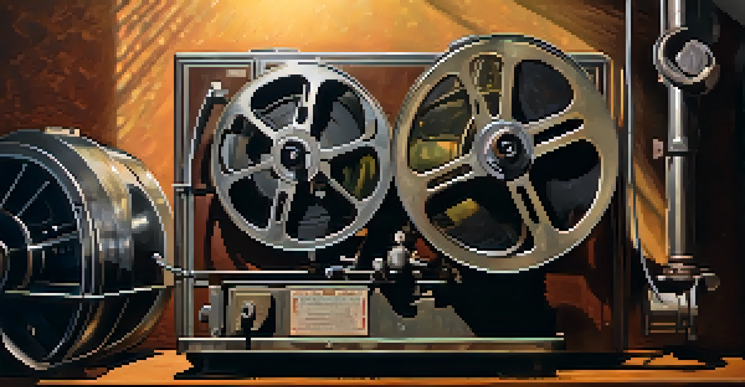 Close-up of a vintage film projector in a dimly lit room, showcasing its metal texture and warm light.