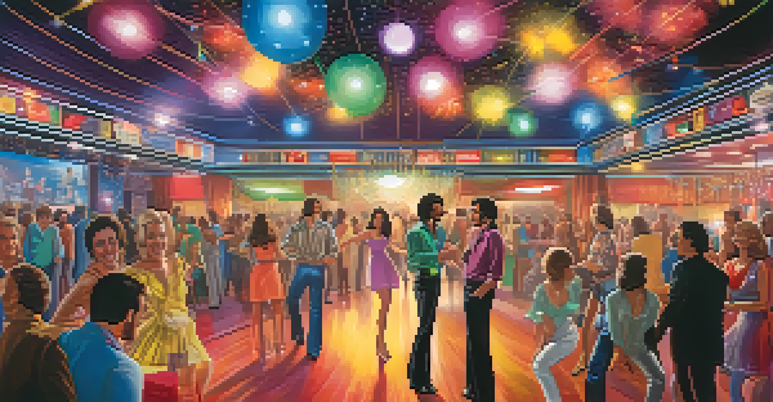 An interior view of a busy disco venue from the 1970s, with people dancing and colorful lights illuminating the space.