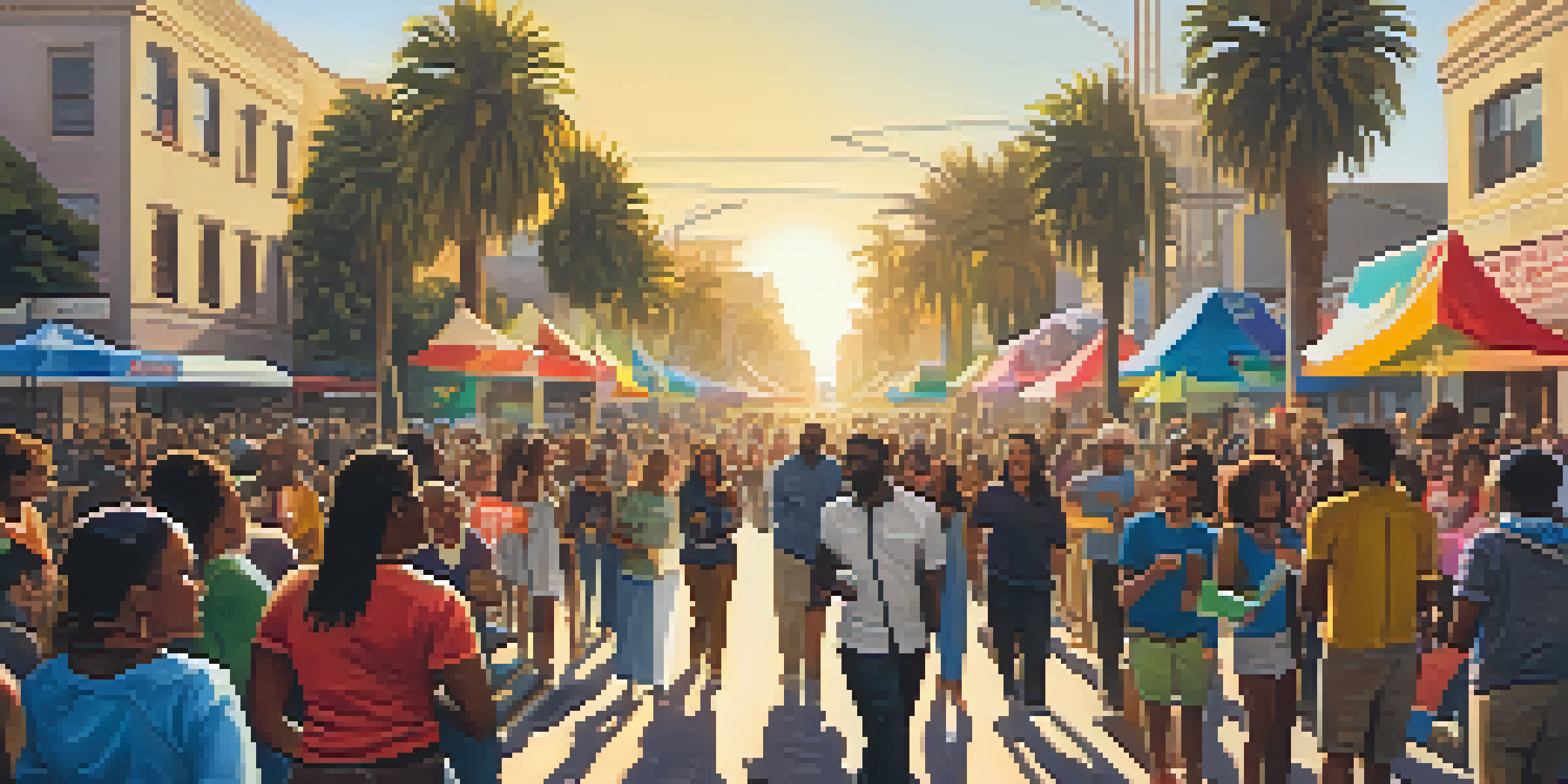 A diverse group of people in Los Angeles gathered at a grassroots event, holding colorful banners for social justice, with palm trees and murals in the background.