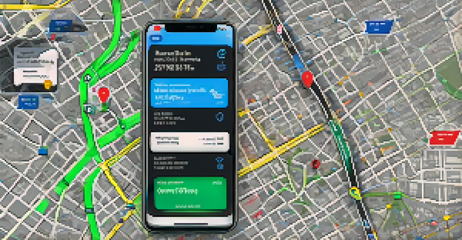 Close-up of a mobile app interface with real-time traffic updates over a blurred busy street background.
