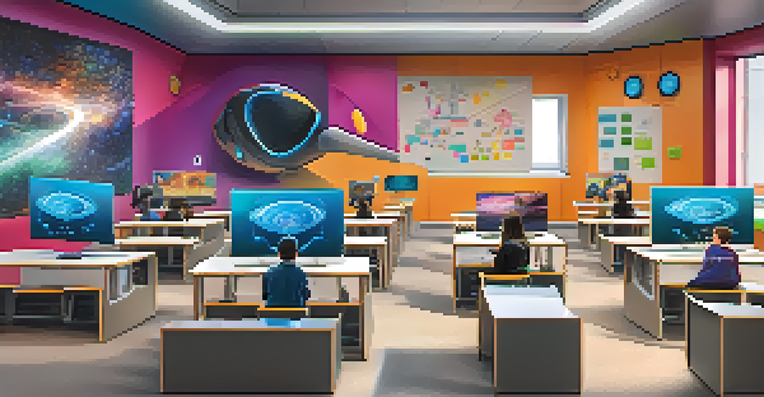 A futuristic classroom in Los Angeles with students learning about AI, equipped with VR headsets and interactive screens, in a bright and modern environment.