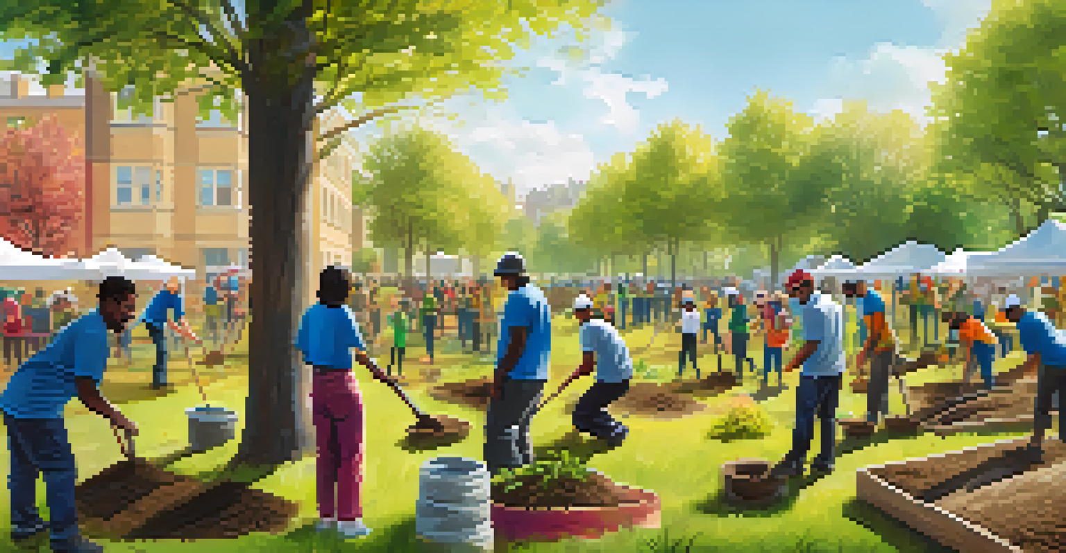 Diverse community members joyfully planting trees in a sunny park, surrounded by banners promoting sustainability.