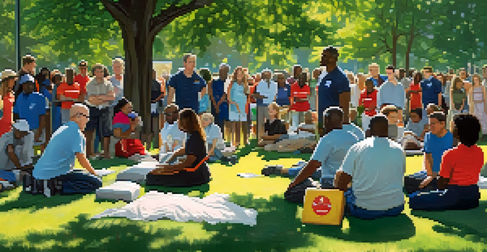 A diverse group of community members practicing CPR techniques during an emergency preparedness training session in a sunny park.