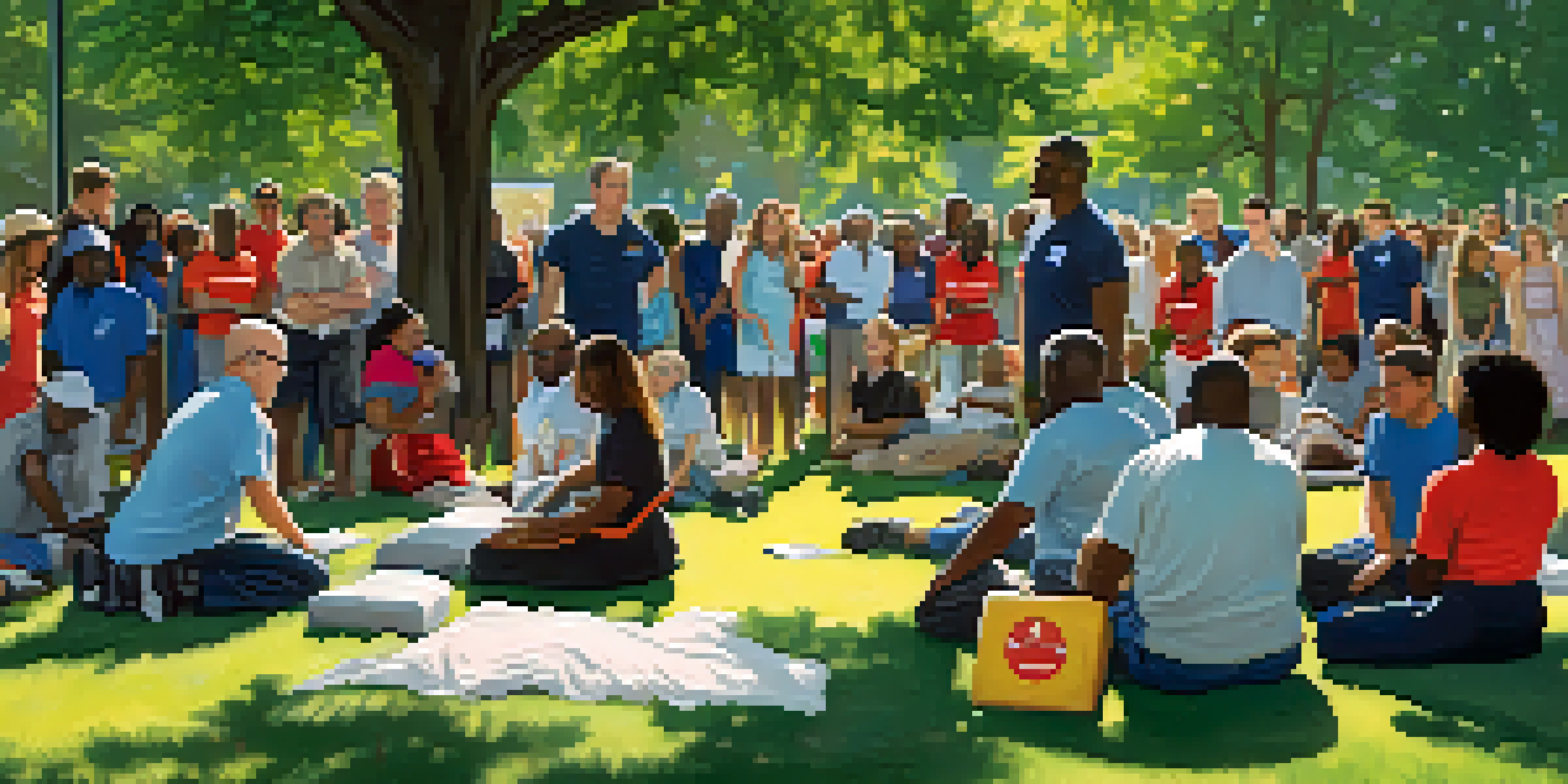 A diverse group of community members practicing CPR techniques during an emergency preparedness training session in a sunny park.