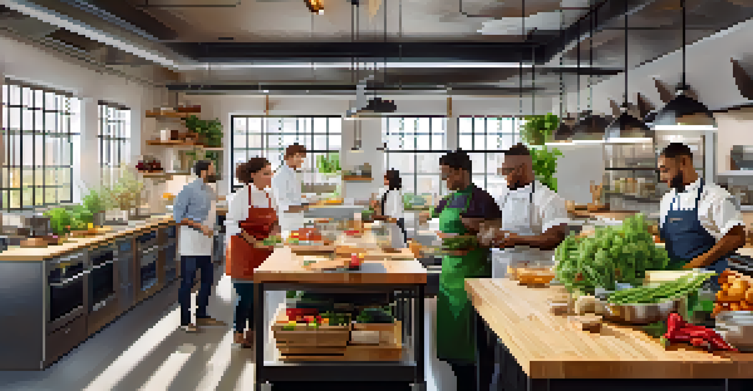 A modern co-working kitchen with food entrepreneurs experimenting with recipes and discussing ideas, filled with natural light.