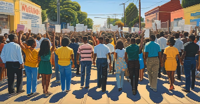 A peaceful protest in Watts, Los Angeles, with people holding hands and signs for equality and justice, surrounded by colorful murals and greenery.