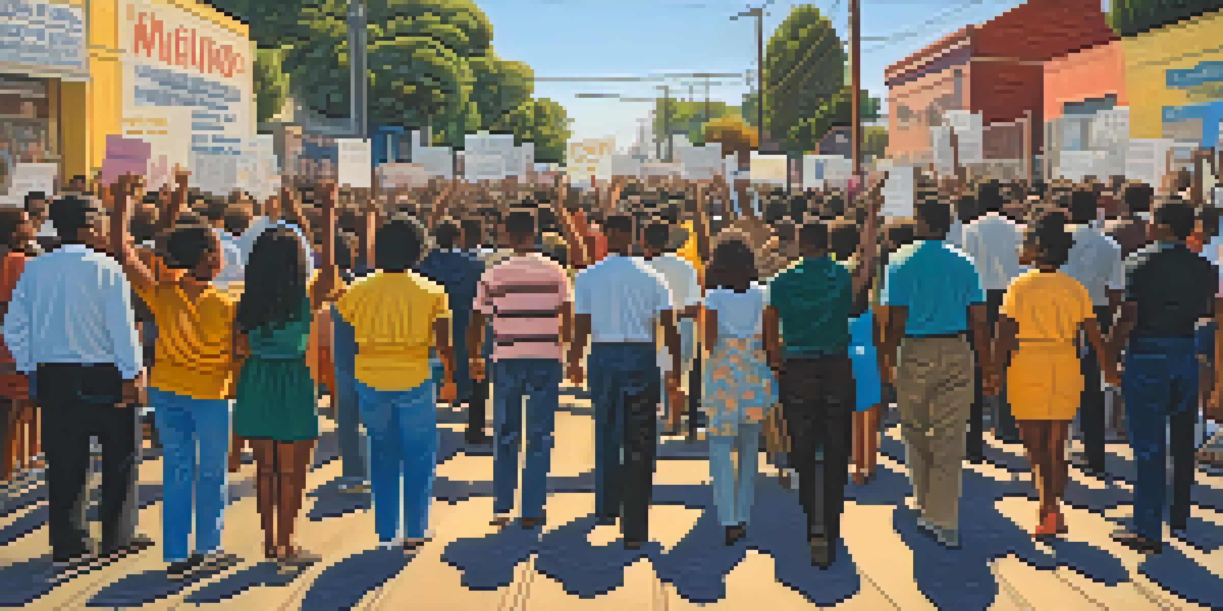 A peaceful protest in Watts, Los Angeles, with people holding hands and signs for equality and justice, surrounded by colorful murals and greenery.