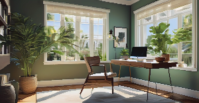 A bright home office with a laptop on a desk, a potted plant, and a view of palm trees outside the window.