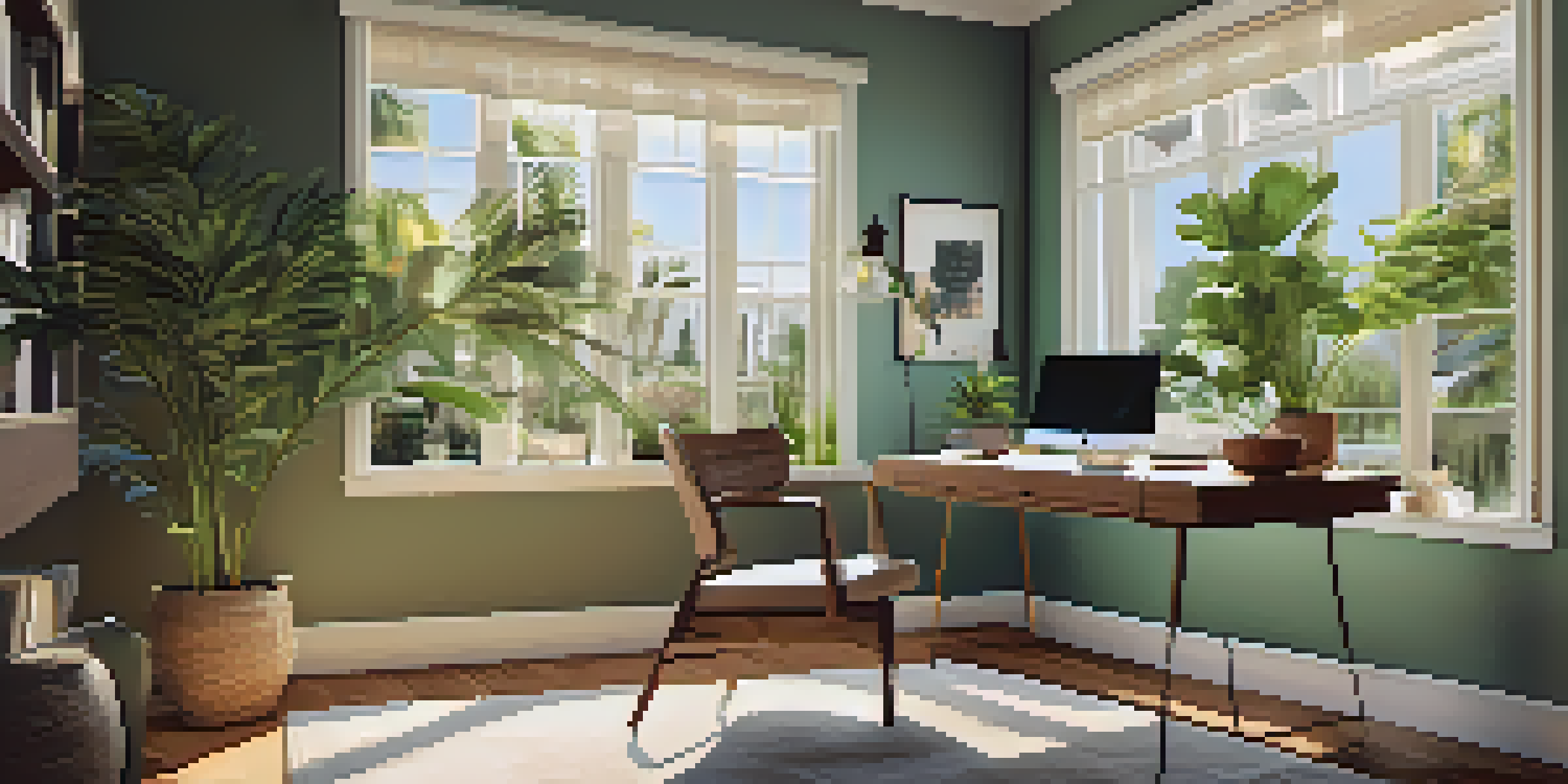 A bright home office with a laptop on a desk, a potted plant, and a view of palm trees outside the window.