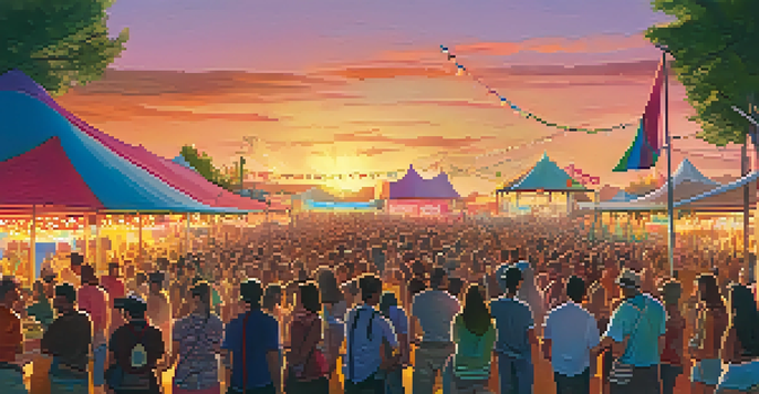 A lively outdoor music festival with a diverse crowd enjoying performances, colorful decorations, and food stalls under a warm sunset sky.