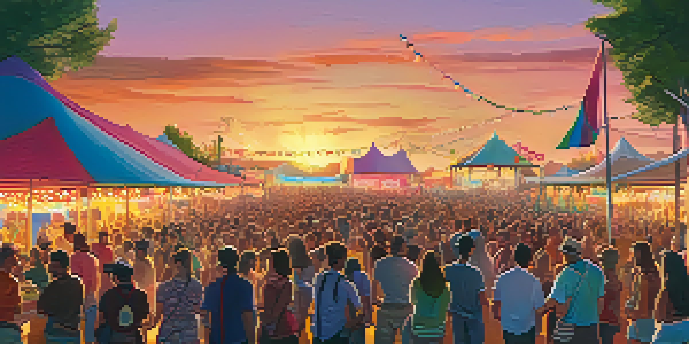 A lively outdoor music festival with a diverse crowd enjoying performances, colorful decorations, and food stalls under a warm sunset sky.