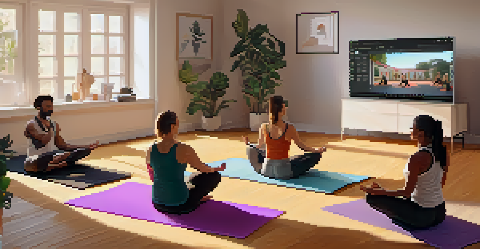 A laptop screen displaying a virtual yoga class with diverse participants in their homes, showcasing a supportive online fitness community.