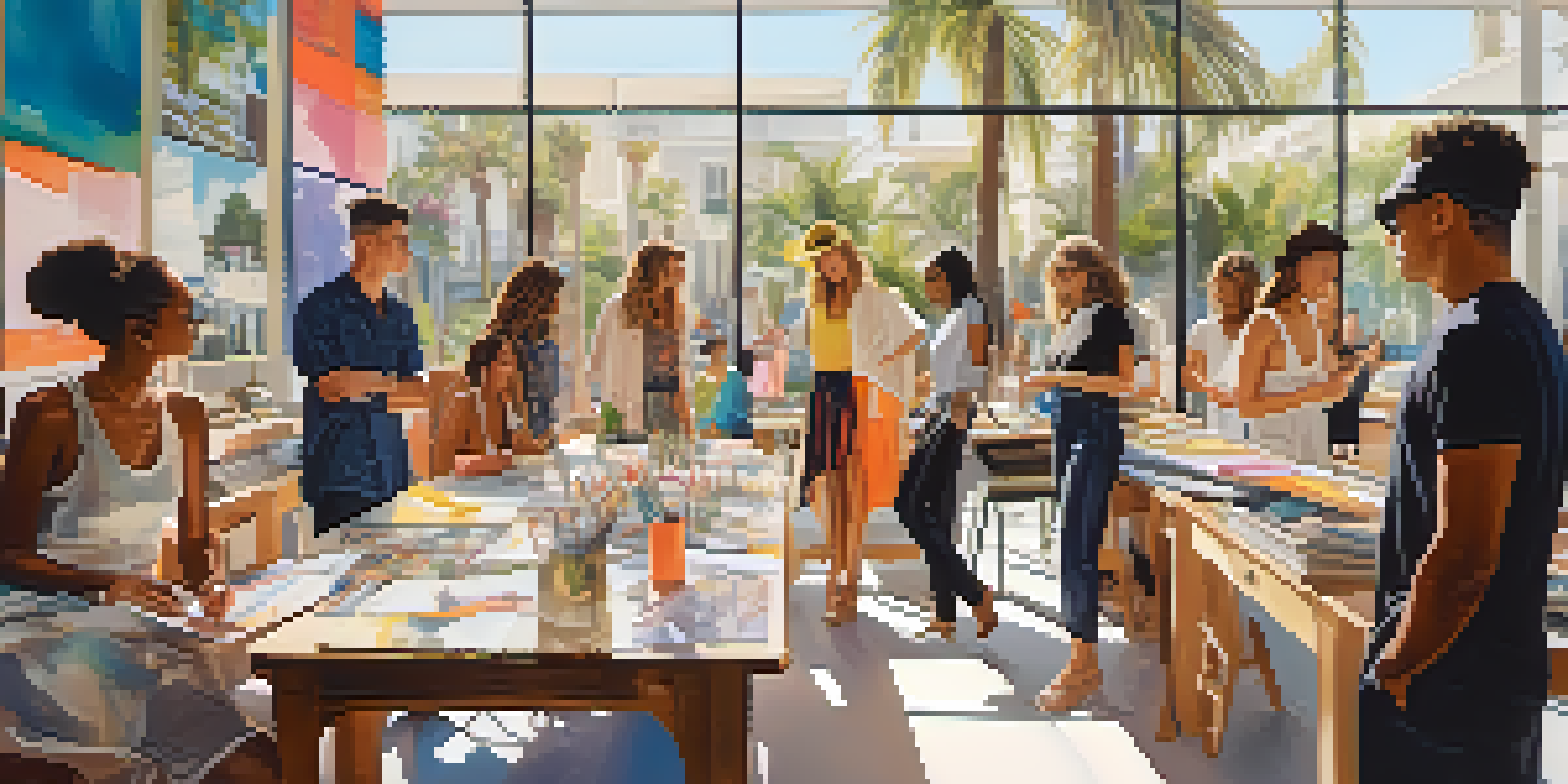 A lively fashion studio in Los Angeles with diverse designers working together, natural light illuminating fabrics and designs.