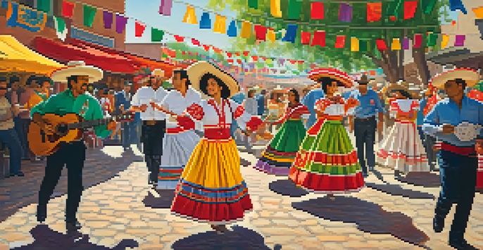 A lively street scene during Cinco de Mayo with people dancing in traditional attire and a mariachi band playing.