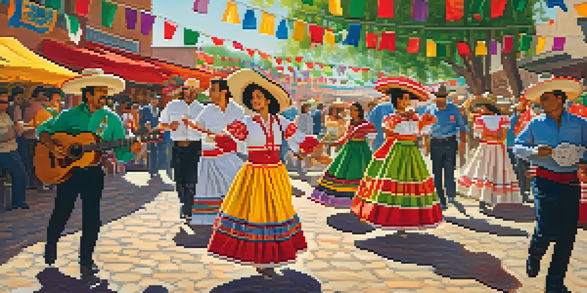 A lively street scene during Cinco de Mayo with people dancing in traditional attire and a mariachi band playing.