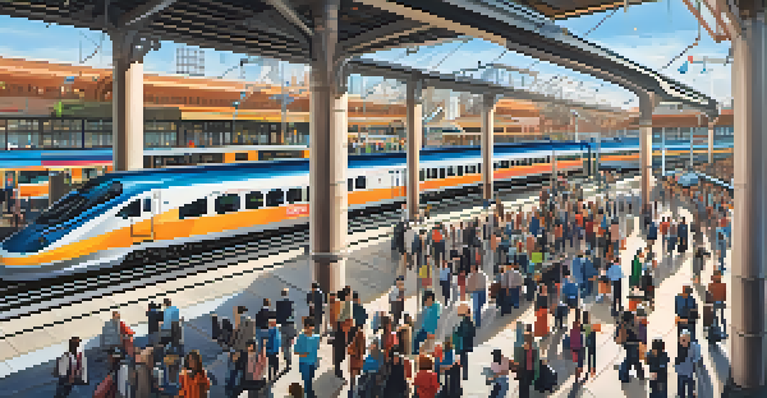 A busy train station viewed from above, with many commuters and modern architecture.