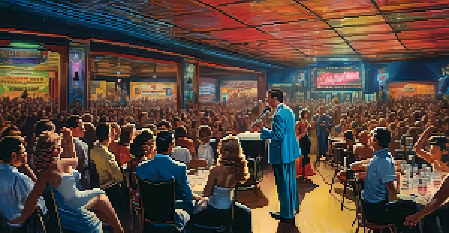 A crowded rock 'n' roll venue from the 1950s featuring a live band performance with vibrant lighting.