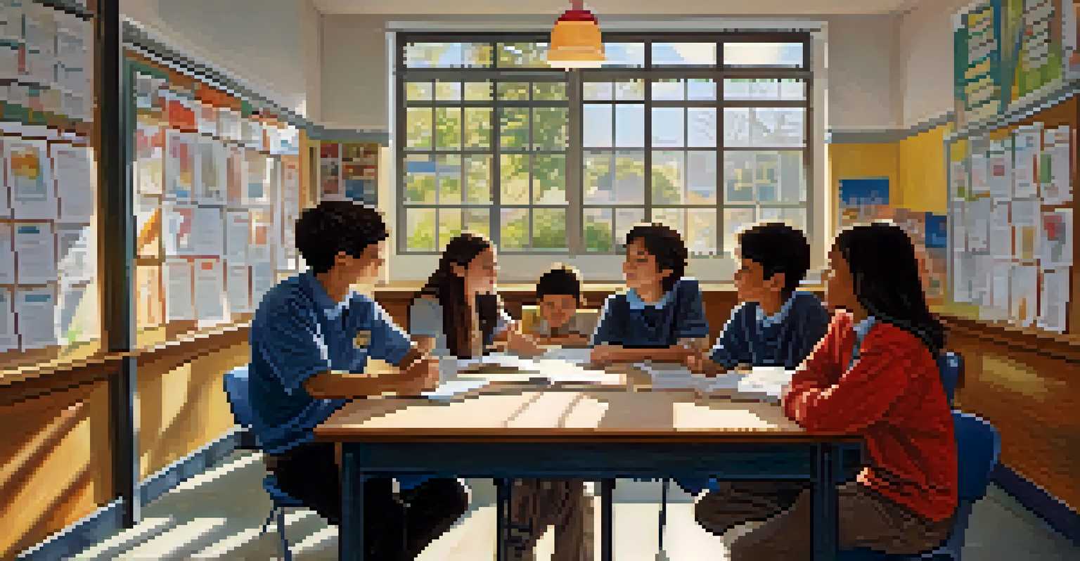 A teacher engaging with students in a classroom about mental health, surrounded by educational posters and warm sunlight.