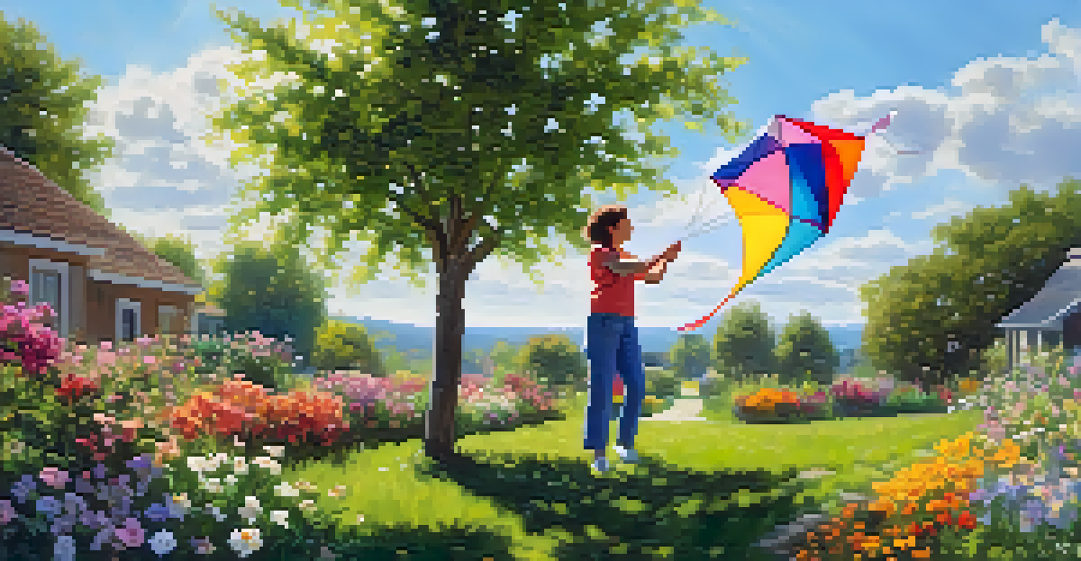 A caregiver and a child playing with a kite in a vibrant garden filled with flowers.