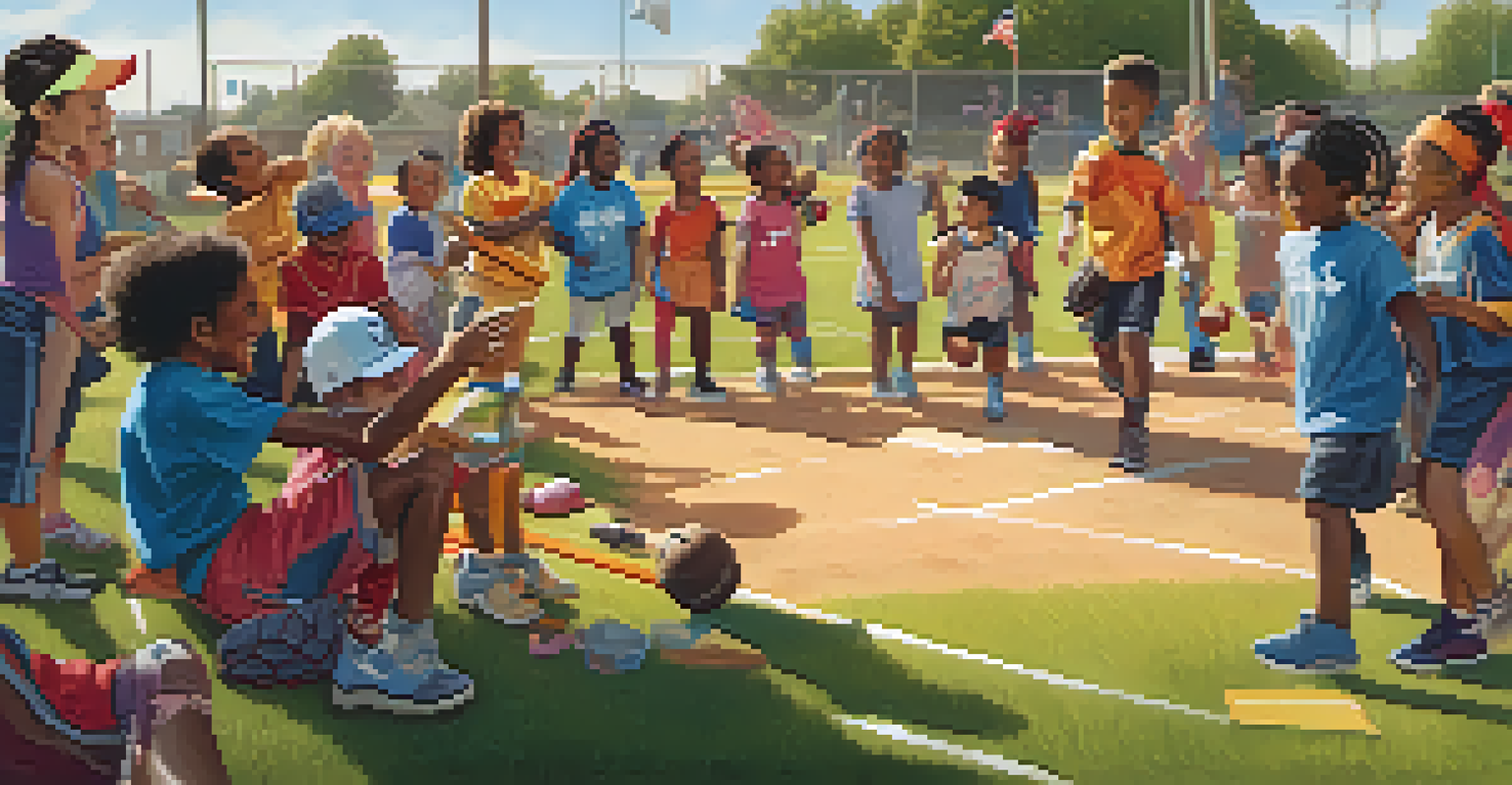 A diverse group of children playing softball together, showcasing inclusivity and friendship.