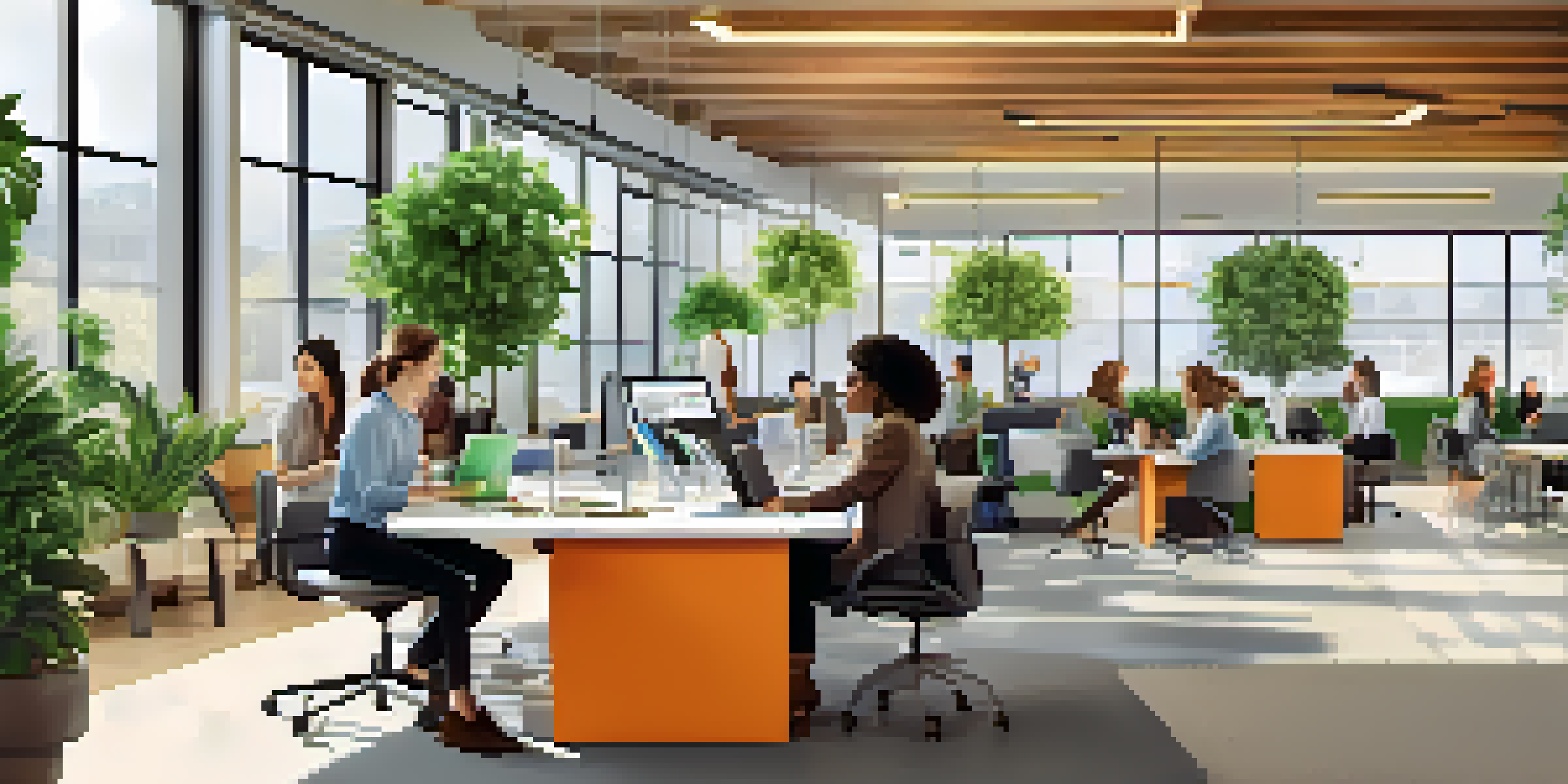 A diverse team working together in a bright and modern office, using laptops and tablets, with greenery in the background.