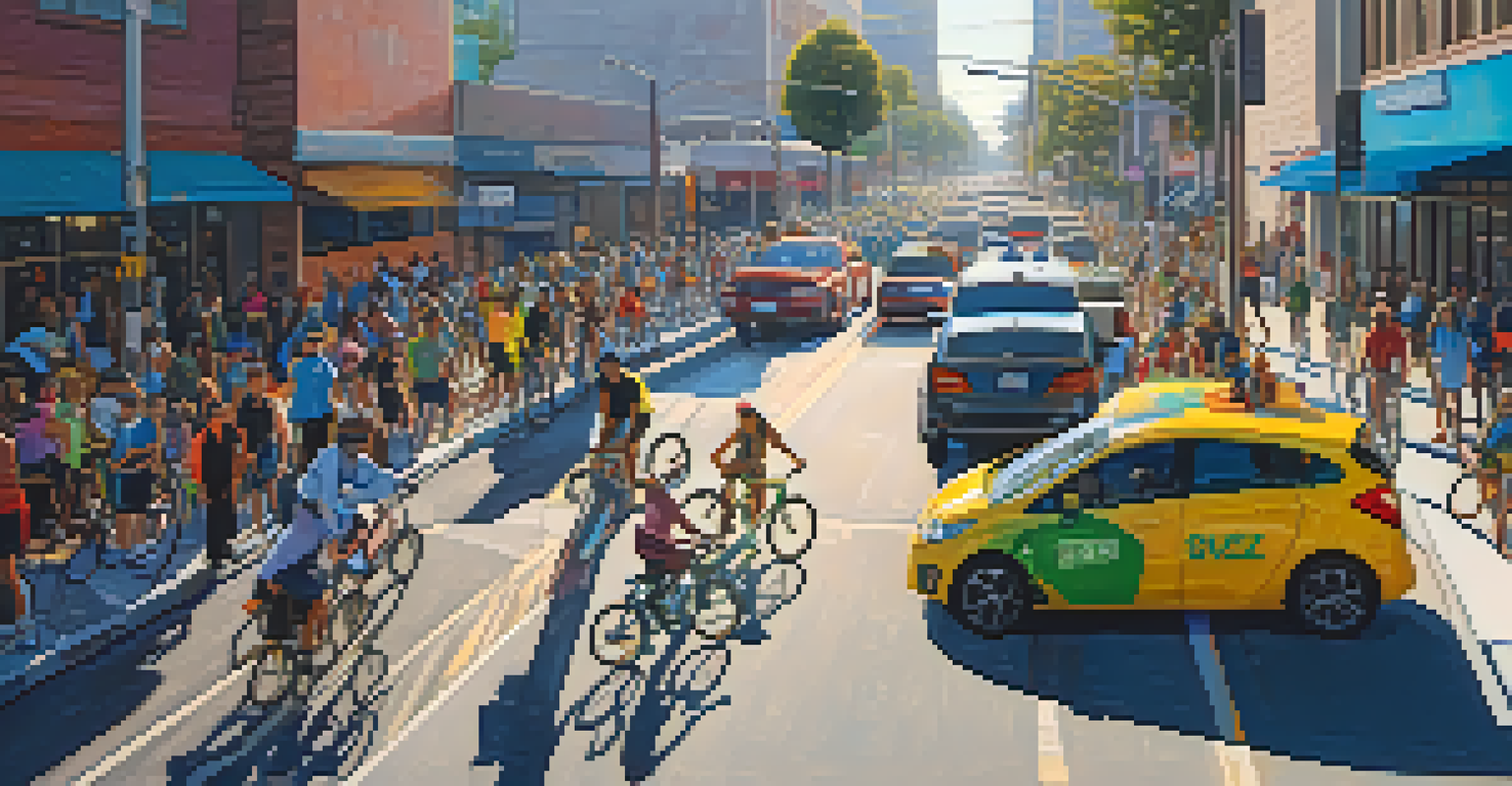 A street in Los Angeles with cyclists in bike lanes, electric vehicle charging stations, and a public transit bus, all under bright sunlight.