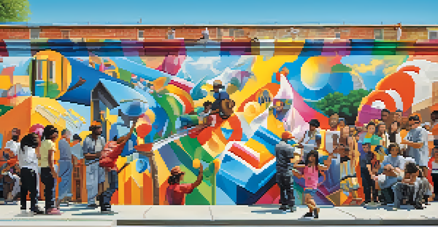 Artists working on a colorful community mural project, showcasing various styles and engaging local onlookers.
