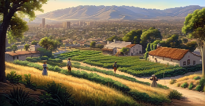 A historical representation of early Los Angeles in 1781, featuring Spanish colonial architecture and settlers by the Los Angeles River.