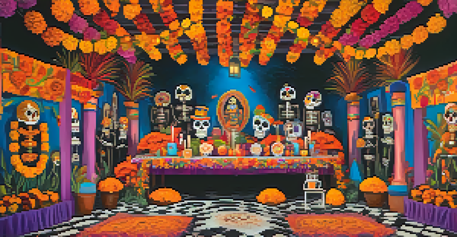 A colorful Dia de los Muertos festival scene with decorated altars, marigolds, and people in traditional attire celebrating.