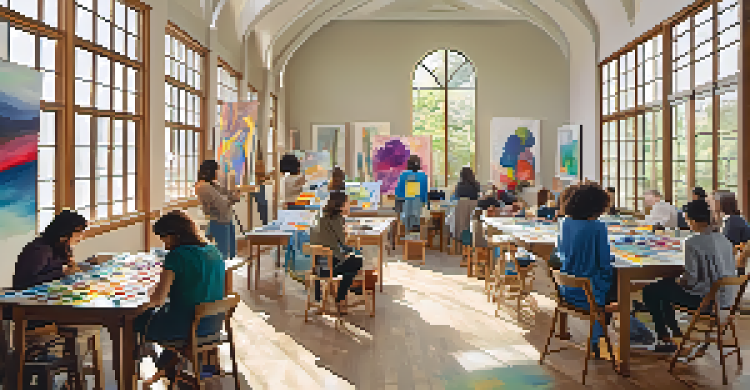 An indoor community art workshop with tables full of art supplies, participants of all ages painting and sharing ideas in a brightly lit space.