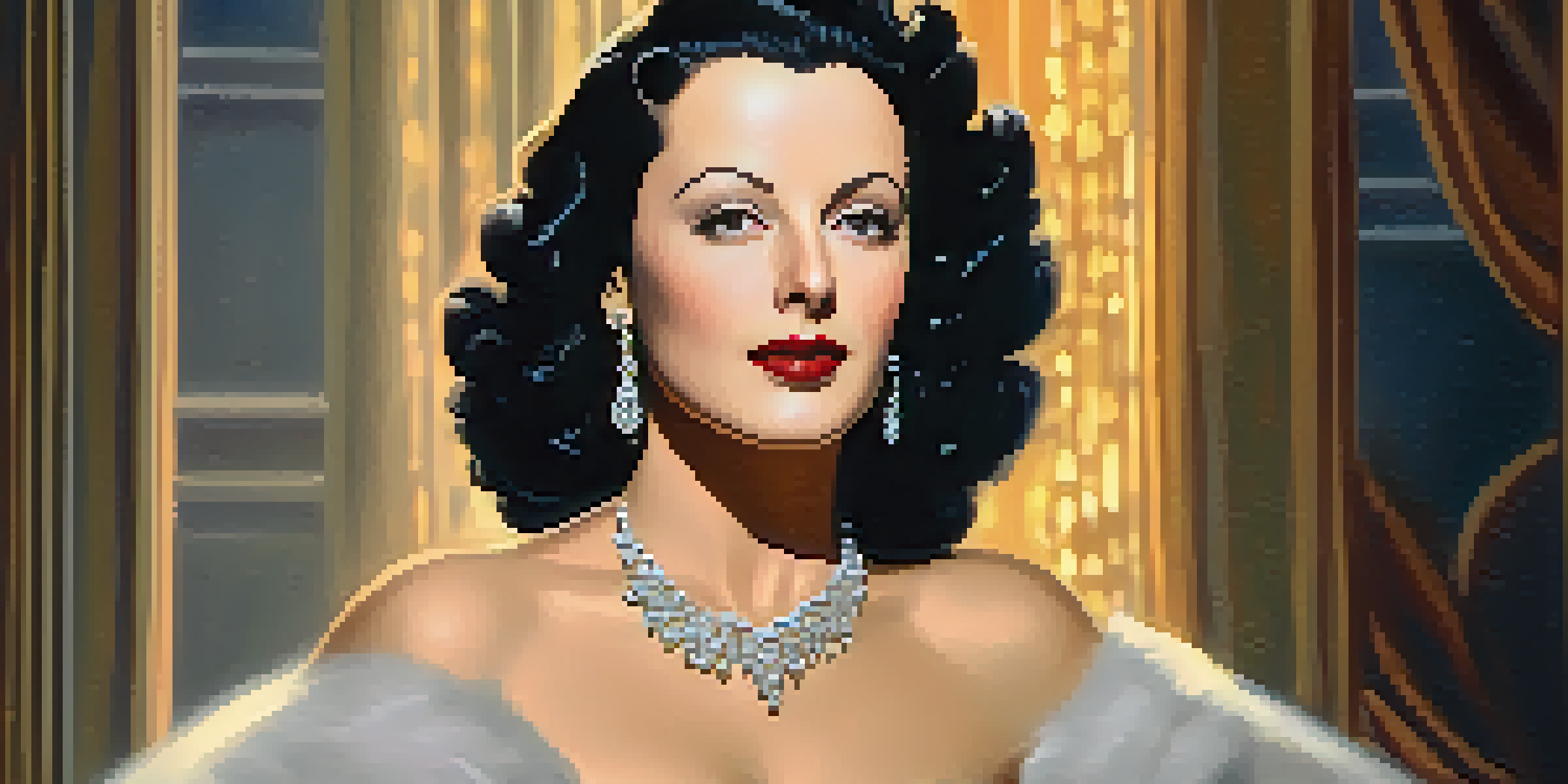 A vintage portrait of Hedy Lamarr in glamorous Hollywood attire with soft lighting and a classic movie set background.