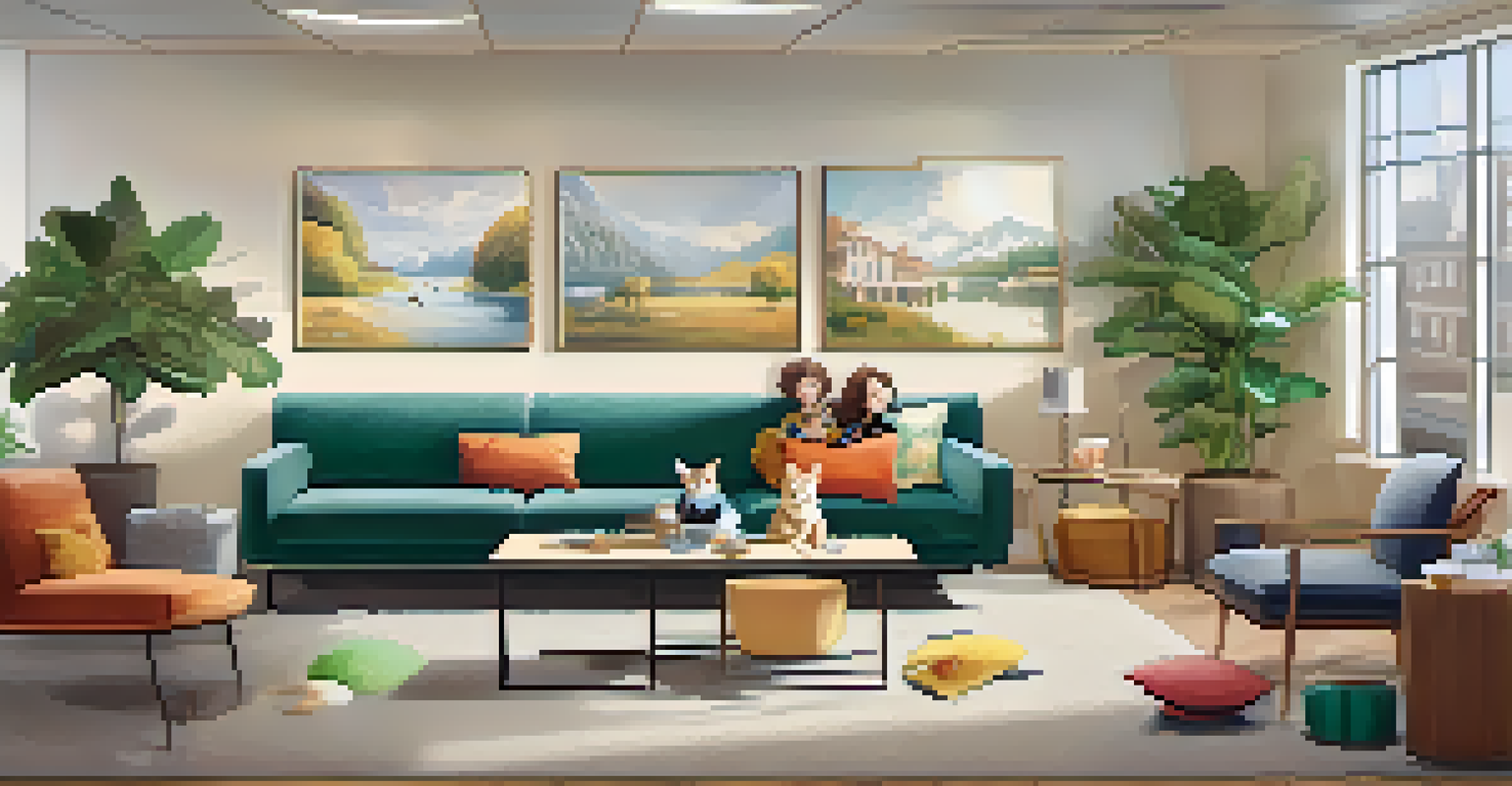 Employees enjoying a break in a cozy office space with their pets, fostering a sense of community.