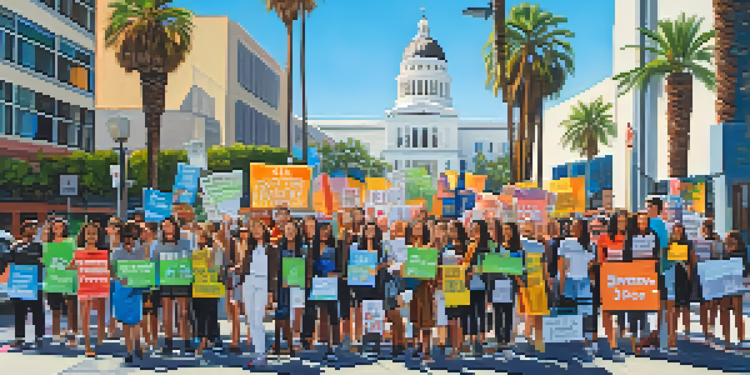 A group of diverse young activists in Los Angeles holding signs for climate change awareness, with palm trees and city buildings in the background under bright sunlight.