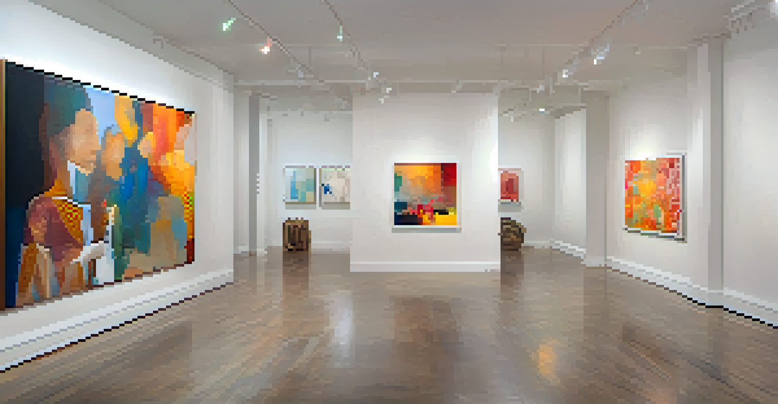 A cozy art gallery in West Hollywood showcasing contemporary art, with people interacting and warm lighting enhancing the atmosphere.