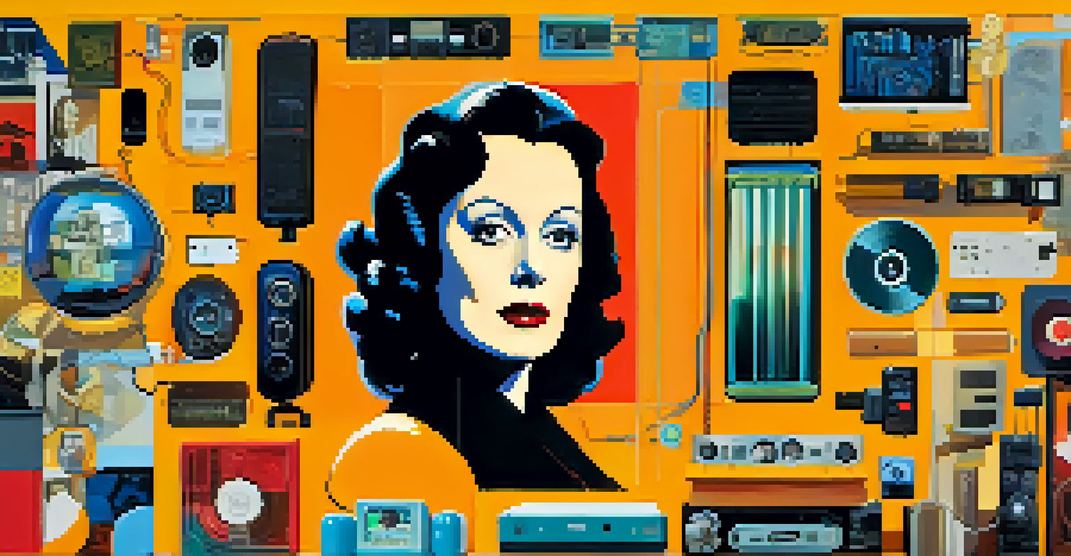 A collage tribute to Hedy Lamarr showcasing wireless technology and her films, with vibrant colors and a dynamic layout.