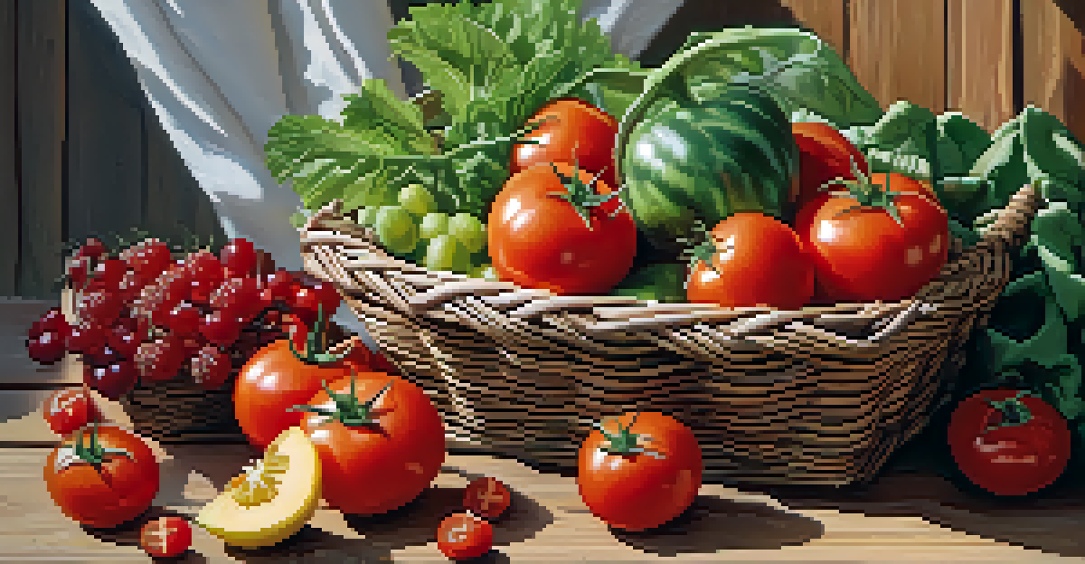 A close-up of a basket filled with fresh seasonal fruits and vegetables on a wooden table.