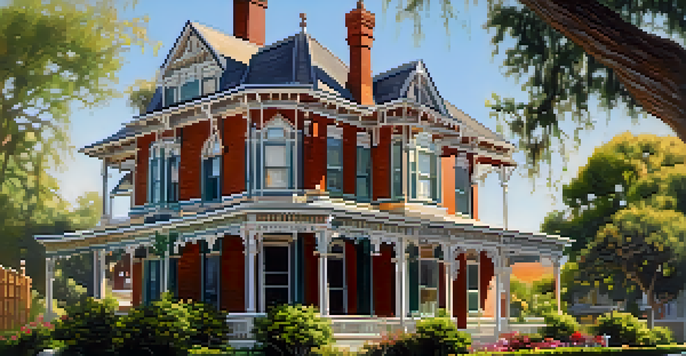 A view of Heritage Square Museum featuring the Victorian Hale House and vibrant gardens under sunlight.