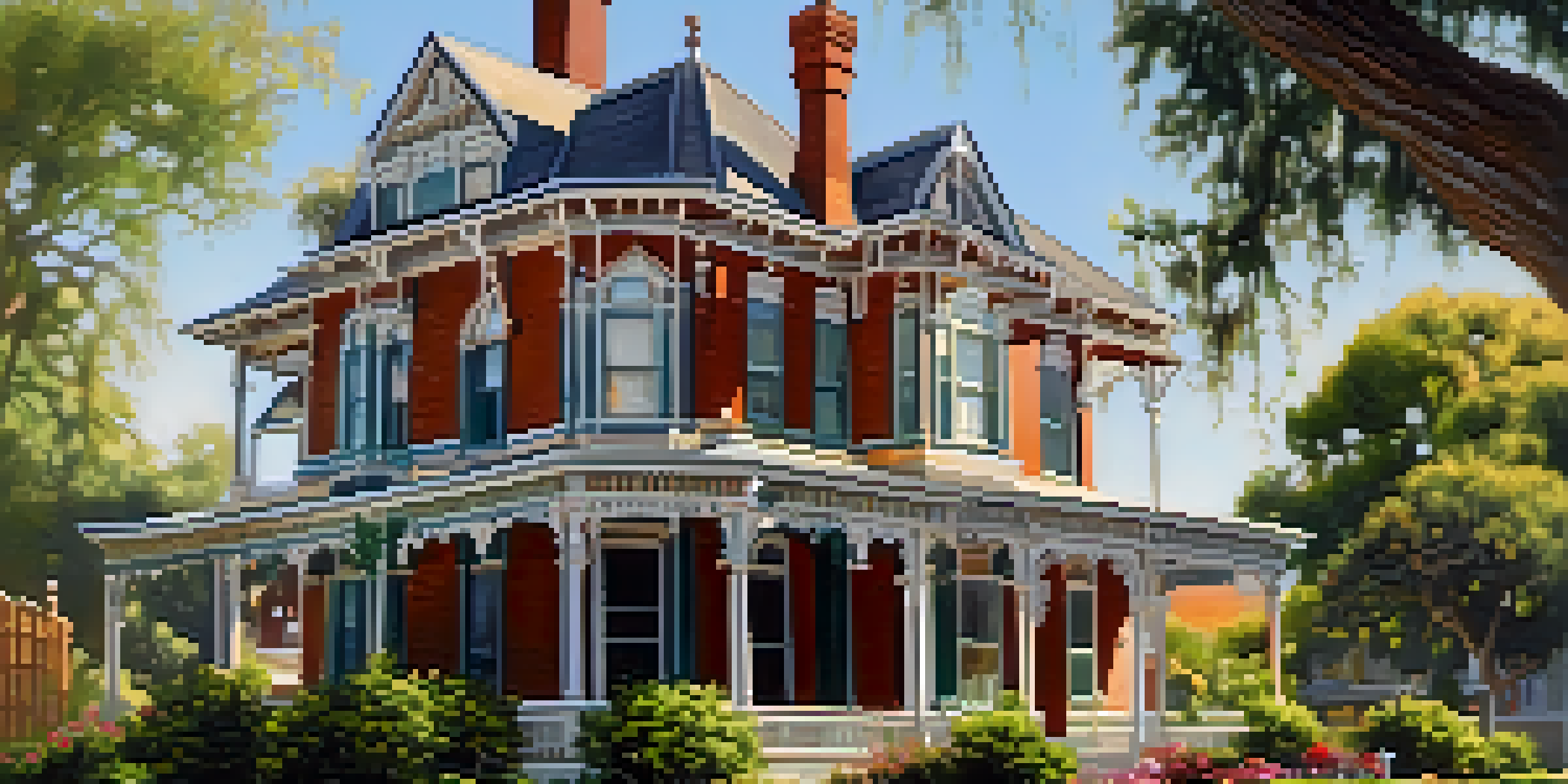 A view of Heritage Square Museum featuring the Victorian Hale House and vibrant gardens under sunlight.