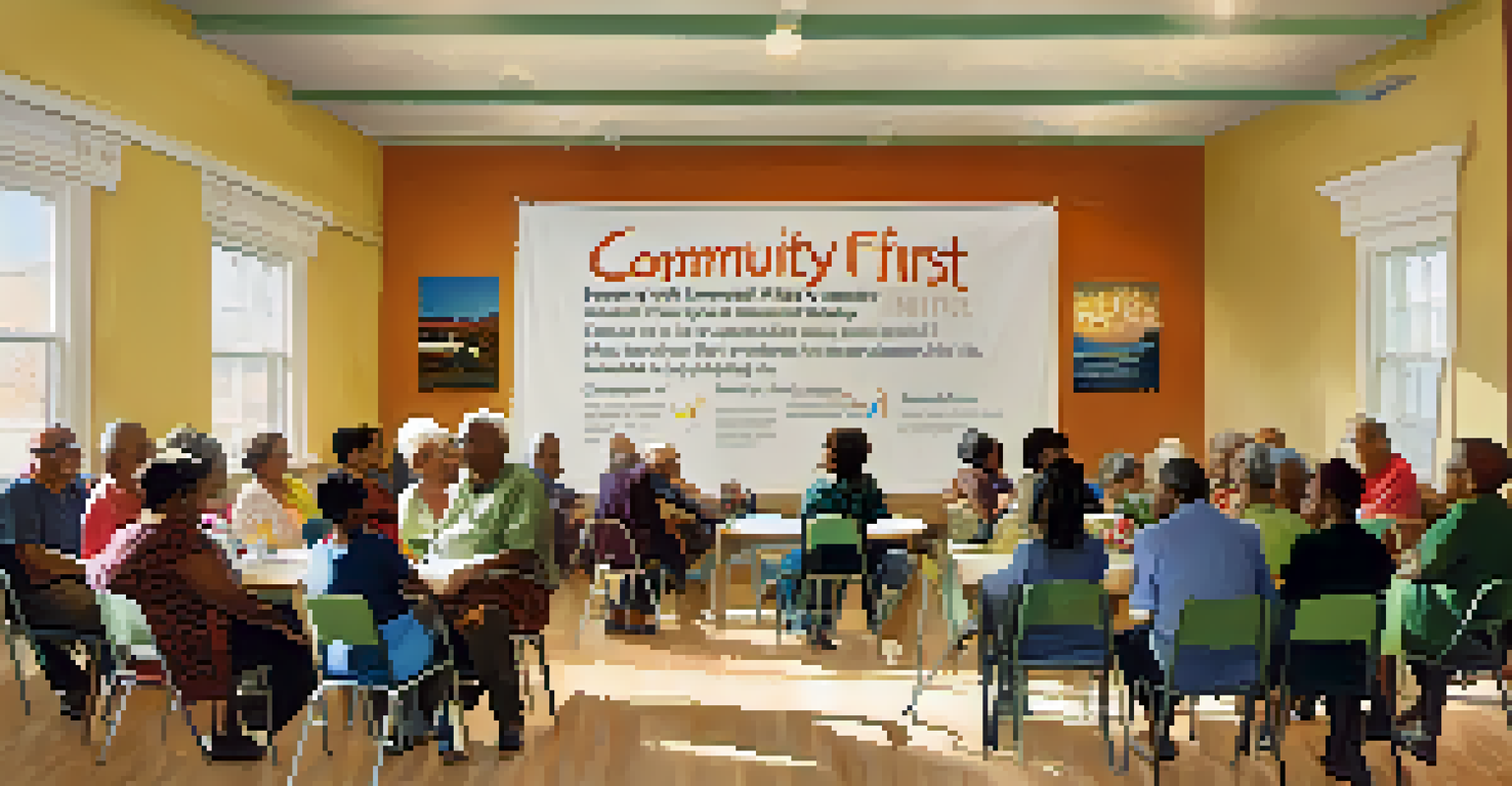A community meeting in a center discussing affordable housing, with engaged residents of various ages and ethnicities, and a banner saying 'Community First'.
