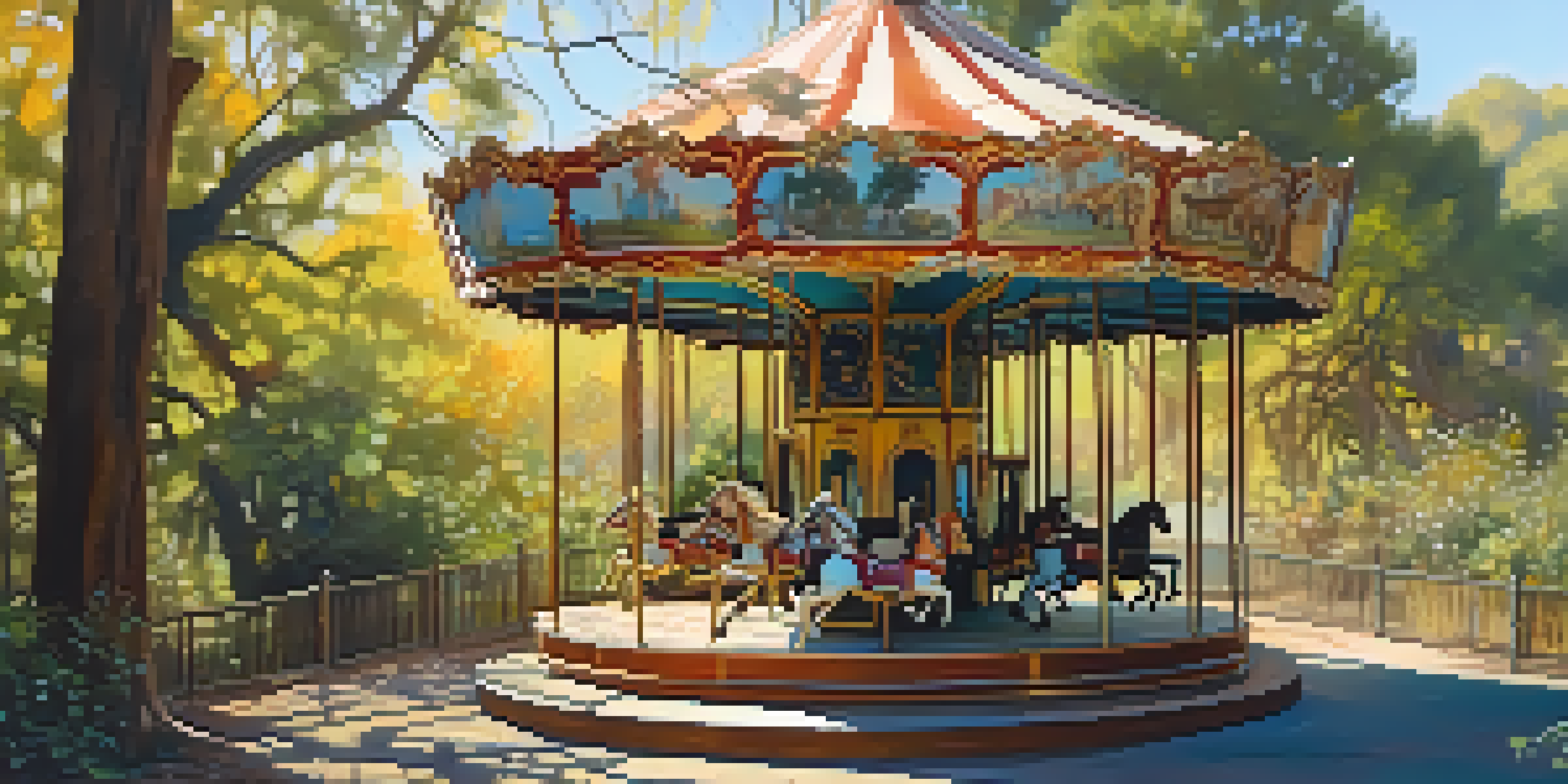 An abandoned carousel in Griffith Park, overgrown with plants, with faded colors and wooden horses, illuminated by soft sunlight.