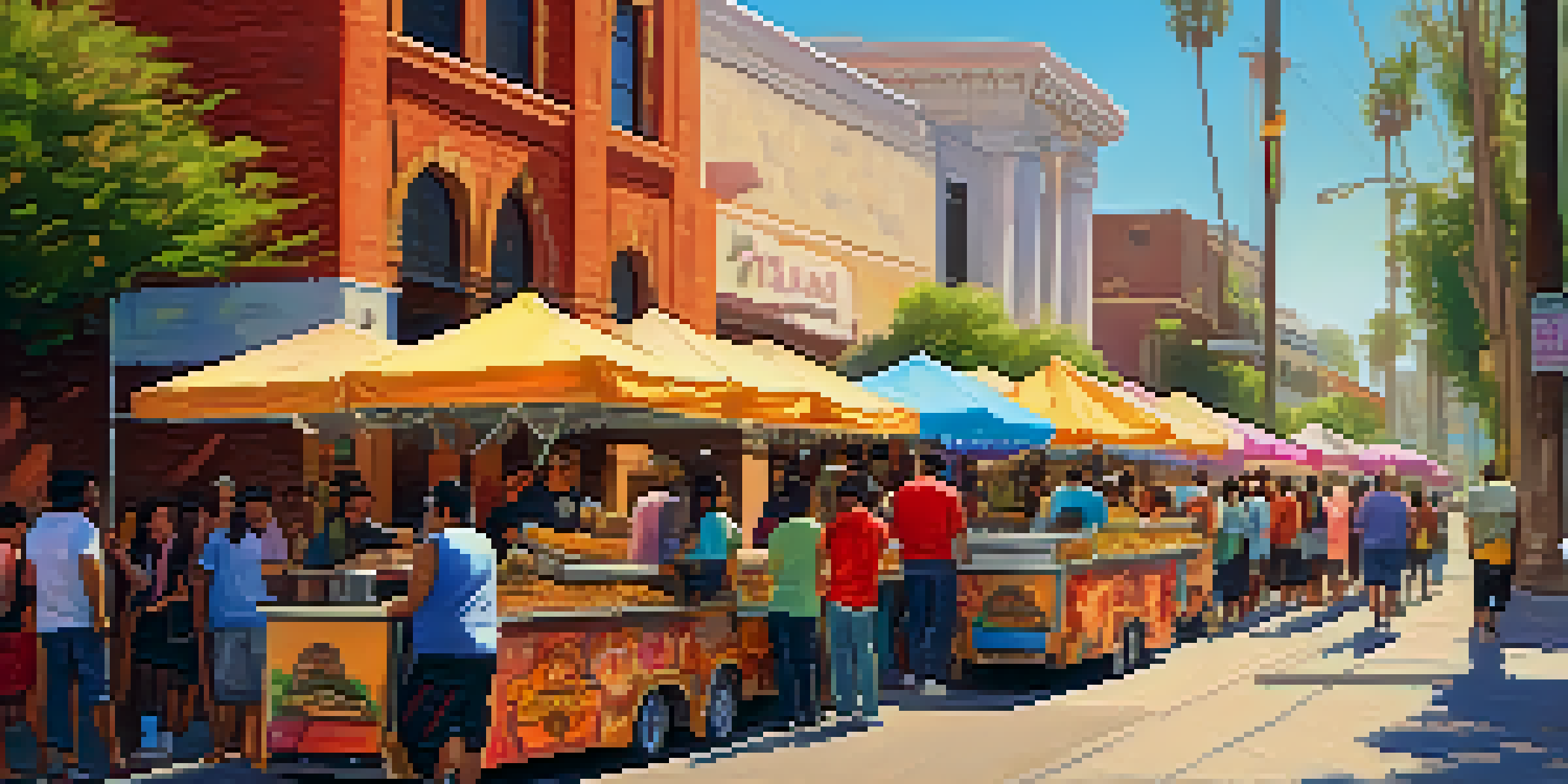 A lively street food scene in Los Angeles with taco trucks and people enjoying food, highlighting the vibrant community atmosphere.