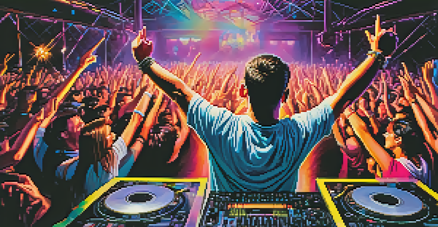An iconic DJ performing at a rave with a captivated crowd, illuminated by bright lights and vibrant visuals.