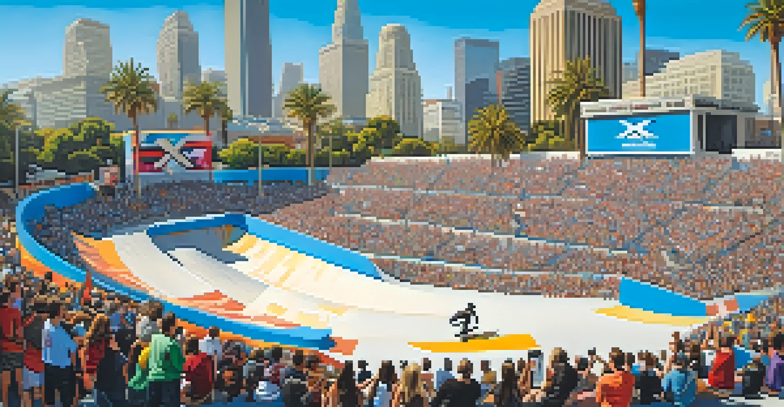 Skateboarders performing tricks at the X Games in Los Angeles, with a lively crowd and city architecture in the background.