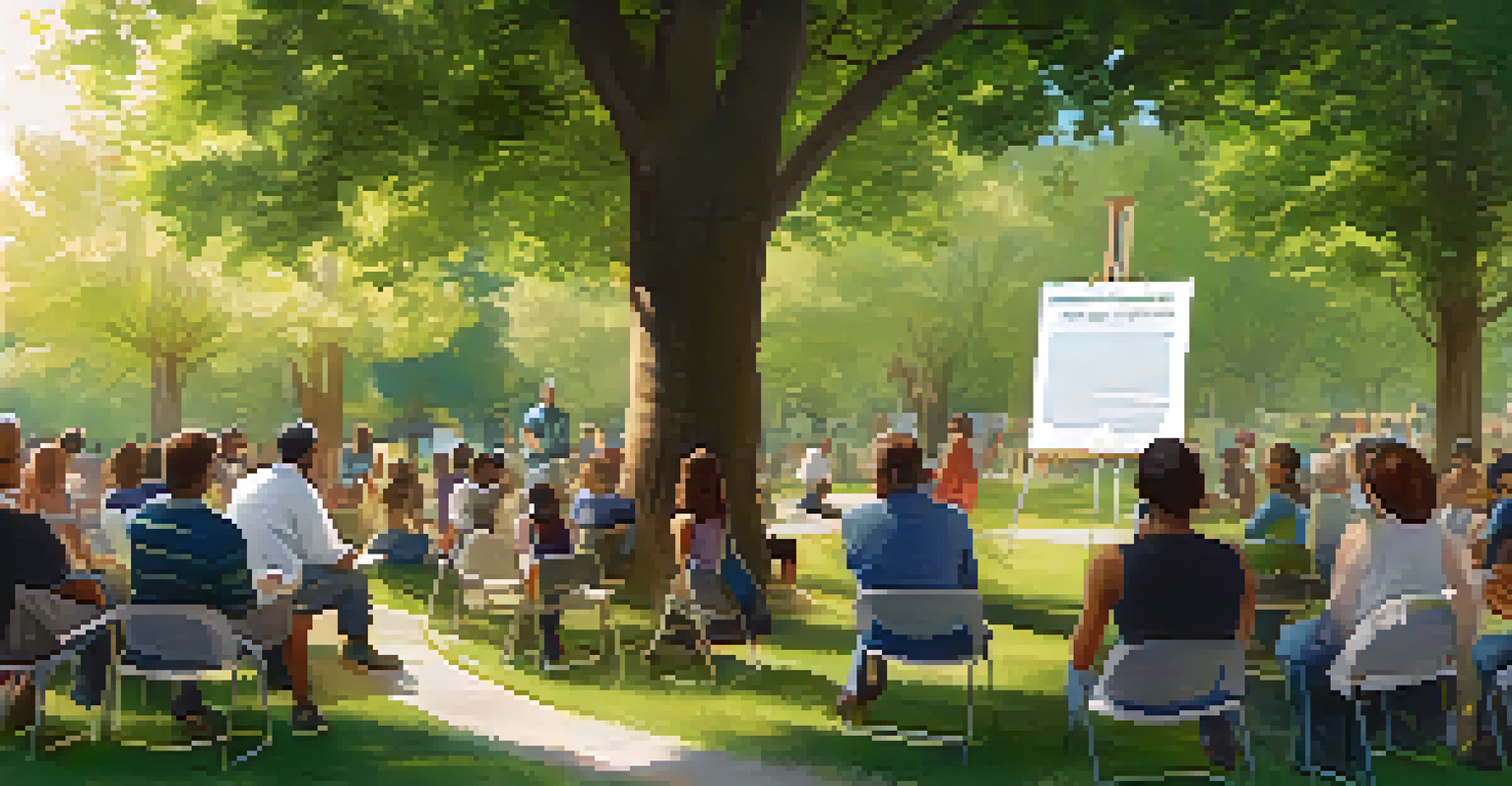 A community workshop in a park with residents learning about misinformation and engagement.