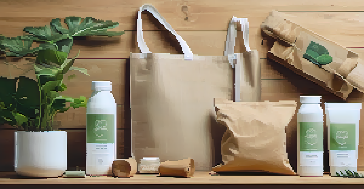 A flat lay of eco-friendly products displayed on a wooden table, featuring sustainable packaging and plants, illuminated by soft natural light.