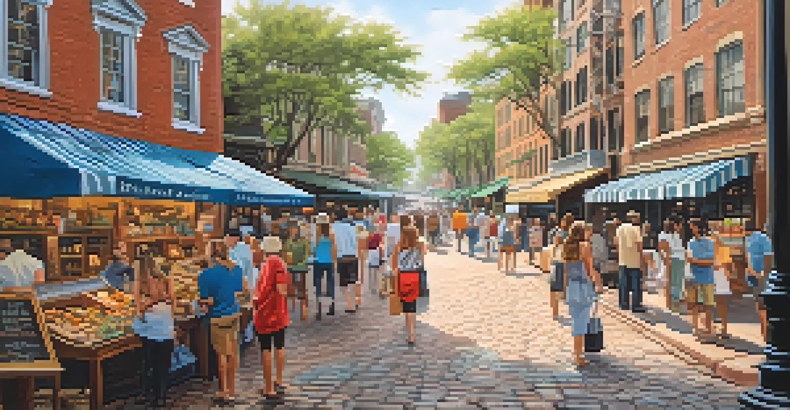A lively street scene at River Street in Savannah, showcasing shops, local artisans, and the nearby river.
