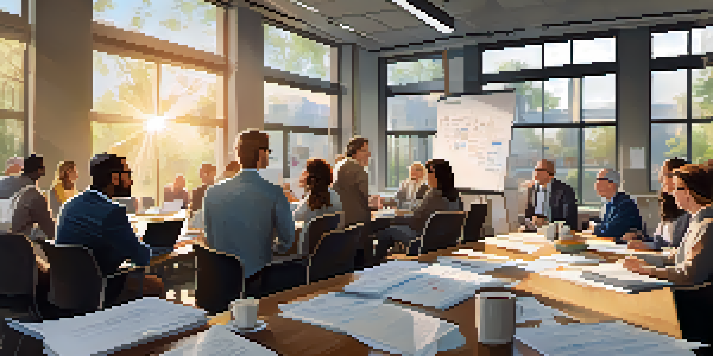 A group of diverse professionals engaged in a crisis communication meeting in a bright office, surrounded by notes and laptops.
