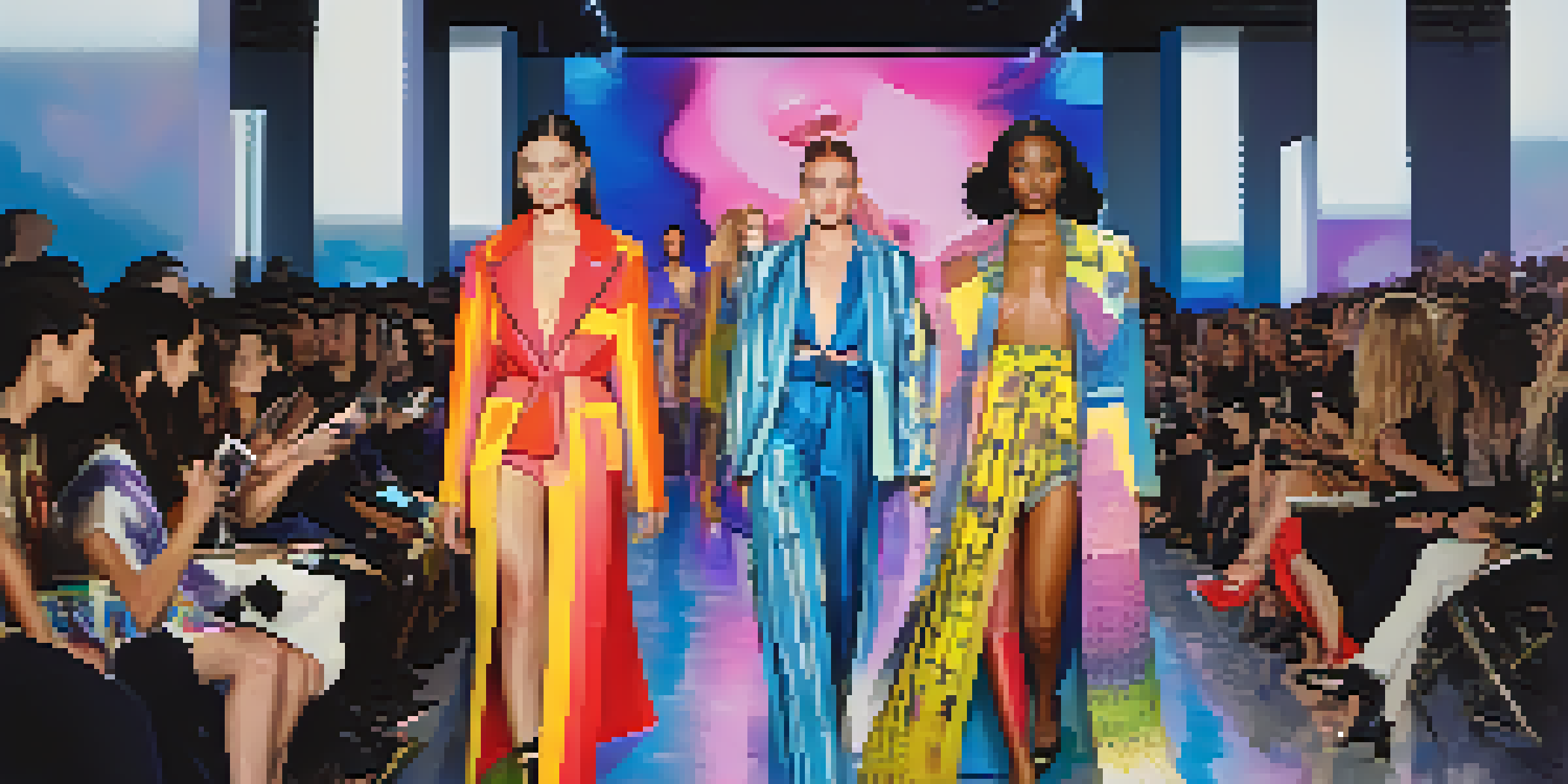 Models walking down a runway at LA Fashion Week, showcasing colorful outfits and a lively audience.