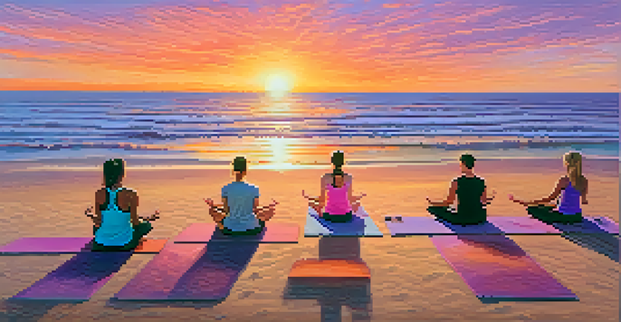 A diverse group of people practicing yoga on the beach during sunset, with the ocean in the background and colorful mats on the sand.